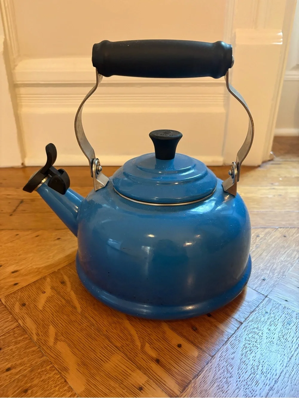 Le Creuset Blue Whistling Tea Kettle with Black Handle